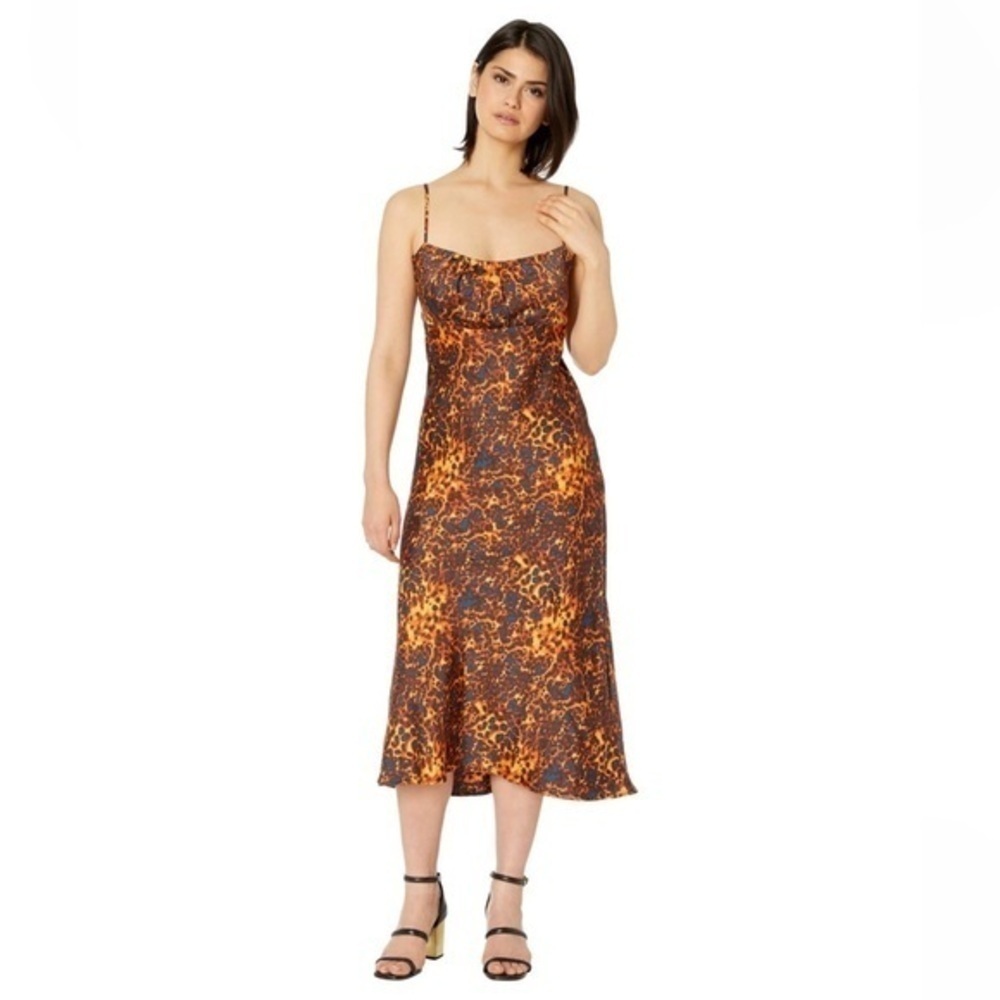 NWT WAYF Fleur Satin Midi Slipdress Tortoise All Over Print Women Brown Leopard